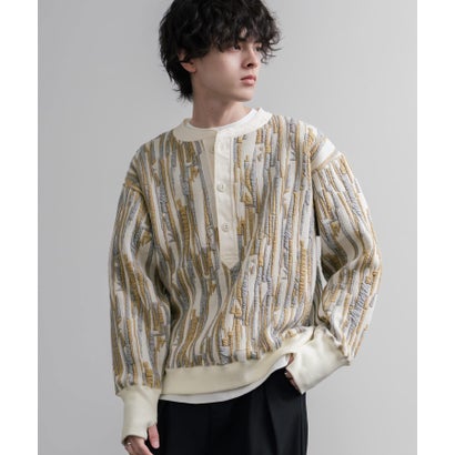 スウェット ヘンリーネック ジャガードニット メンズ レディース マルチカラー ストライプ 日本製 Upscape Audience AUD6742 16566 （マルチライトグレー）｜詳細画像