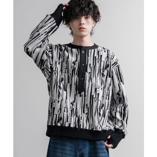 スウェット ヘンリーネック ジャガードニット メンズ レディース マルチカラー ストライプ 日本製 Upscape Audience AUD6742 16566 （マルチライトグレー）