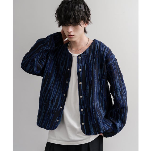 ノーカラージャケット カーディガン スナップボタン メンズ レディース 長袖 マルチカラー 日本製 Upscape Audience AUD7408 16552 （マルチネイビー）