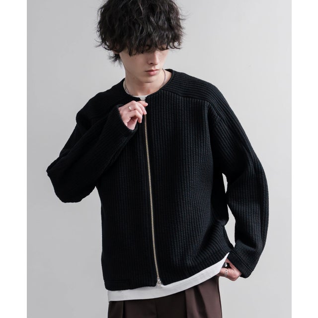 ノーカラージャケット カーディガン フルジップ 短丈 メンズ レディース 無地 羽織り 日本製 Upscape Audience AUD7411 16568 （ブラック）