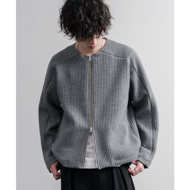 ノーカラージャケット カーディガン フルジップ 短丈 メンズ レディース 無地 羽織り 日本製 Upscape Audience AUD7411 16568 （チャコール）