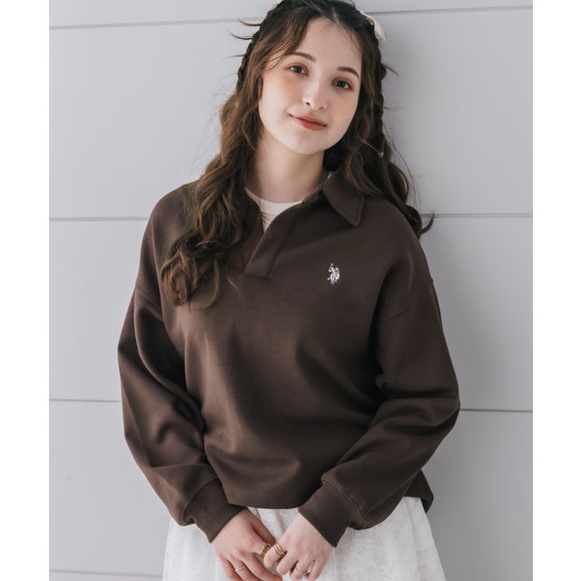 U.S. POLO ASSN. ユーエスポロアッスン スウェット トレーナー キーネック レディース ダンボール プルオーバー スキッパー 襟付き 16455 （26.ブラウン）
