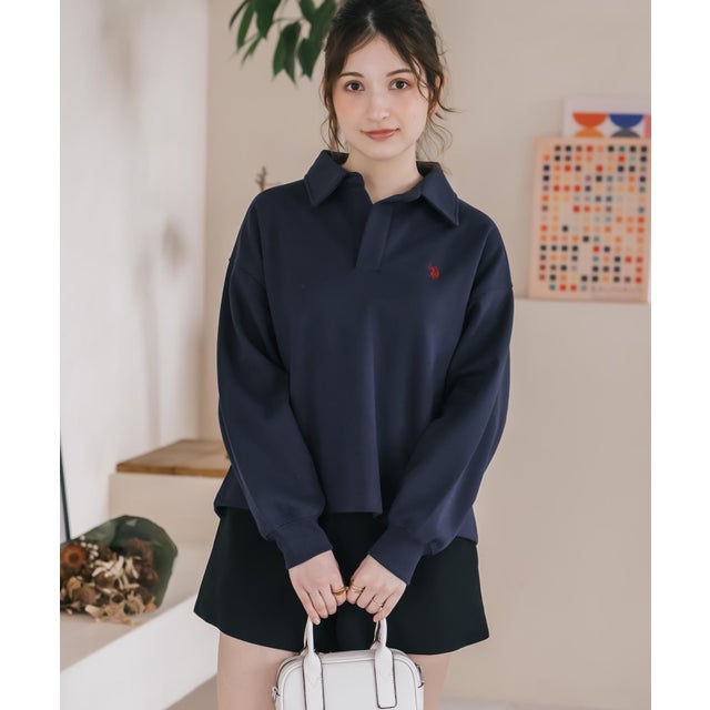 U.S. POLO ASSN. ユーエスポロアッスン スウェット トレーナー キーネック レディース ダンボール プルオーバー スキッパー 襟付き 16455 （61.ネイビー）