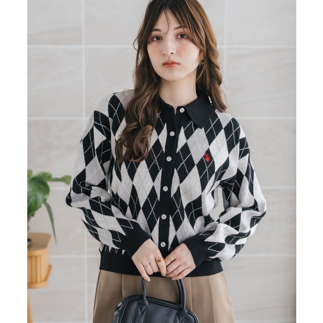 U.S. POLO ASSN. ユーエスポロアッスン カーディガン ニット アーガイル柄 レディース 長袖 襟付き ジャガード オーバーサイズ ロゴ 16457 （19.ブラック）