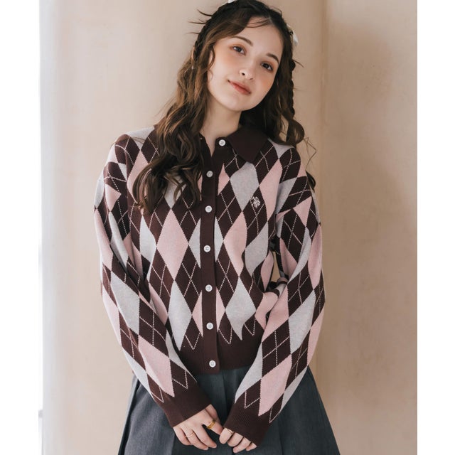 U.S. POLO ASSN. ユーエスポロアッスン カーディガン ニット アーガイル柄 レディース 長袖 襟付き ジャガード オーバーサイズ ロゴ 16457 （26.ブラウン）