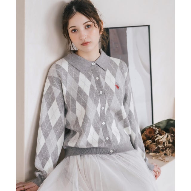 U.S. POLO ASSN. ユーエスポロアッスン カーディガン ニット アーガイル柄 レディース 長袖 襟付き ジャガード オーバーサイズ ロゴ 16457 （16.グレー）