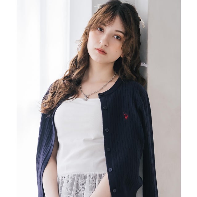 U.S. POLO ASSN. ユーエスポロアッスン カーディガン 長袖 レディース ケーブル編み ニット ロゴ刺繍 無地 羽織り コンパクト 16456 （61.ネイビー）