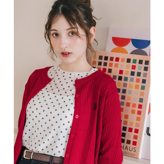 U.S. POLO ASSN. ユーエスポロアッスン カーディガン 長袖 レディース ケーブル編み ニット ロゴ刺繍 無地 羽織り コンパクト 16456 （42.レッド）