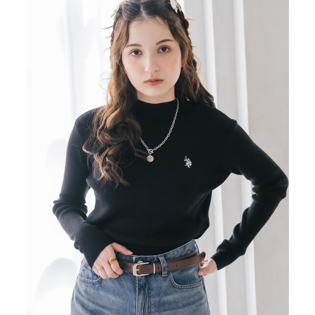 U.S. POLO ASSN. ユーエスポロアッスン ニット 長袖 ハイネック レディース リブ ワンポイント ロゴ 刺繍 無地 コンパクト タイト 16458 （19.ブラック）