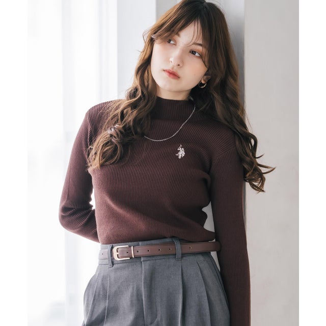 U.S. POLO ASSN. ユーエスポロアッスン ニット 長袖 ハイネック レディース リブ ワンポイント ロゴ 刺繍 無地 コンパクト タイト 16458 （26.ブラウン）