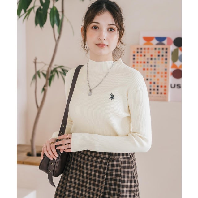 U.S. POLO ASSN. ユーエスポロアッスン ニット 長袖 ハイネック レディース リブ ワンポイント ロゴ 刺繍 無地 コンパクト タイト 16458 （11.アイボリー）