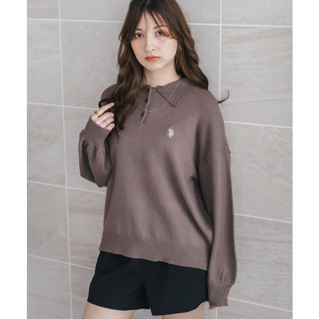 U.S. POLO ASSN. ユーエスポロアッスン ニット 長袖 レディース ニットポロ ジャガードニット オーバーサイズ ロゴ 無地 ボーダー 16492 （24.モカ）