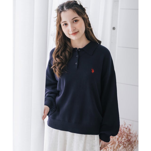 U.S. POLO ASSN. ユーエスポロアッスン ニット 長袖 レディース ニットポロ ジャガードニット オーバーサイズ ロゴ 無地 ボーダー 16492 （61.ネイビー）