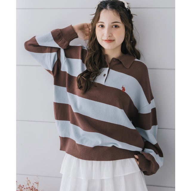 U.S. POLO ASSN. ユーエスポロアッスン ニット 長袖 レディース ニットポロ ジャガードニット オーバーサイズ ロゴ 無地 ボーダー 16492 （50.サックスx26.ブラウン）