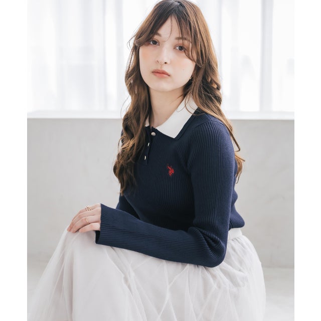 U.S. POLO ASSN. ユーエスポロアッスン ニットポロ 長袖 レディース 2重衿 フレアスリーブ ワンポイント ロゴ 刺繍 無地 シンプル 16459 （61.ネイビー）