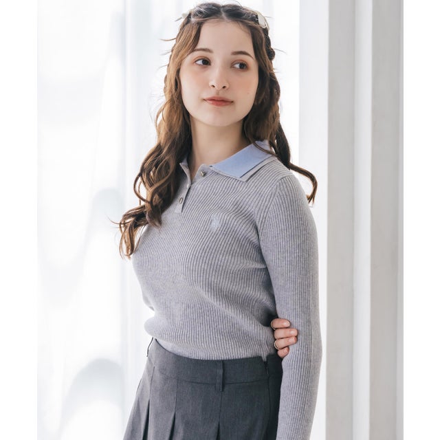 U.S. POLO ASSN. ユーエスポロアッスン ニットポロ 長袖 レディース 2重衿 フレアスリーブ ワンポイント ロゴ 刺繍 無地 シンプル 16459 （14.杢グレー）