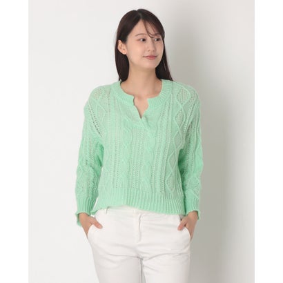 透かしケーブル編みVネックニット （GREEN）｜詳細画像