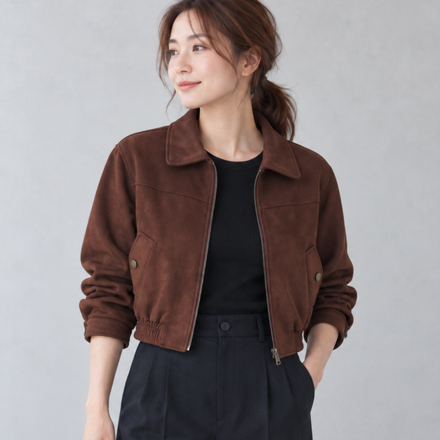 クロップド丈スエードライクブルゾン （BROWN）