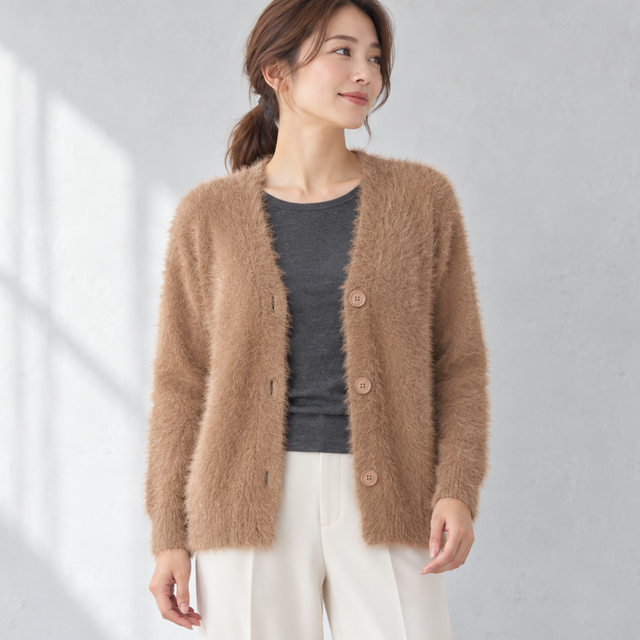 シャギーVネックカーディガン （BEIGE）
