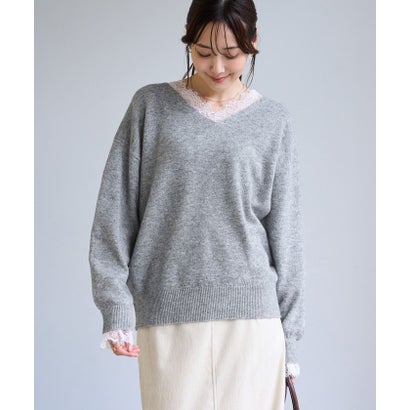 レースレイヤードVネックニット （グレー（07））｜詳細画像