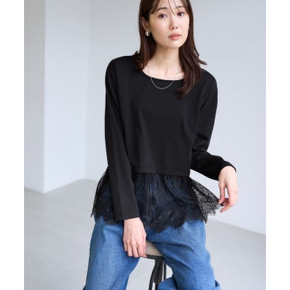 ロペピクニック ROPE' PICNIC (毛が落ちやすい)裾切替レースロングスリーブTシャツ （ブラック（01））｜詳細画像