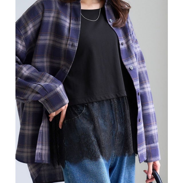 (毛が落ちやすい)裾切替レースロングスリーブTシャツ （ブラック（01））