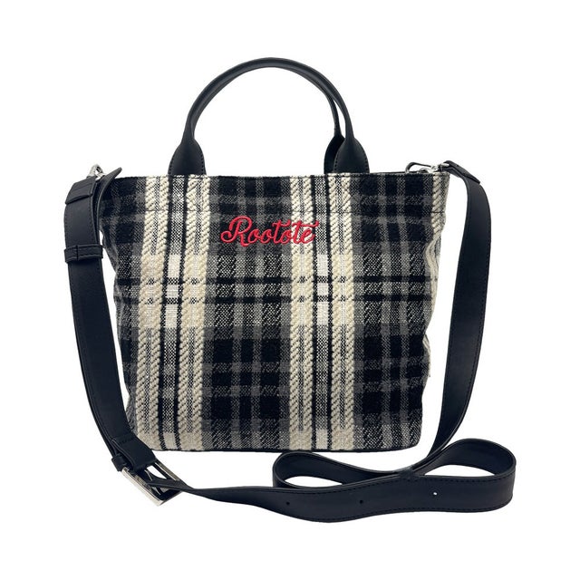 トートバッグ レディース ショルダー 2way  SC.スクエア.マテリアル-A 3646 正方形 マチ付き チェック柄 マグネット かわいい おしゃれ カジュアル 斜めがけ 毎日 旅行 ギフト （BLACK）