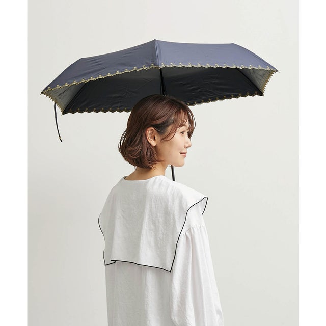 【Wpc.】晴雨兼用/遮光星柄スカラップ折り畳み傘 （ネイビー（40））