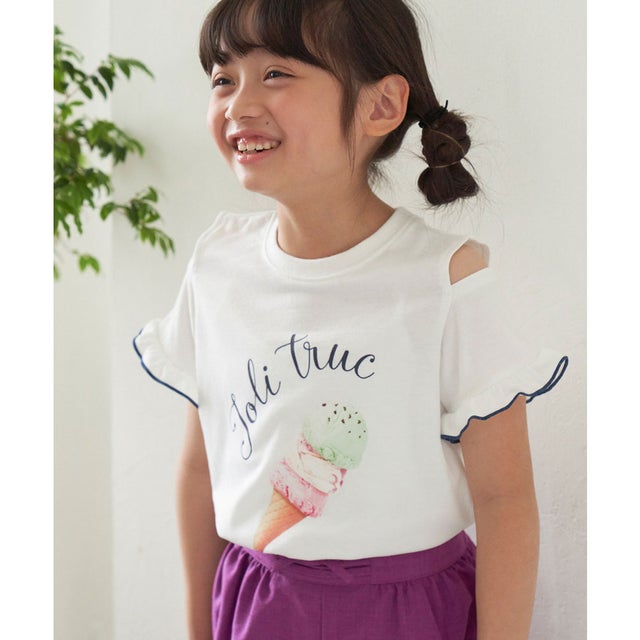 【KIDS】肩見せアイスクリーム転写プリントTシャツ （オフホワイト（15））