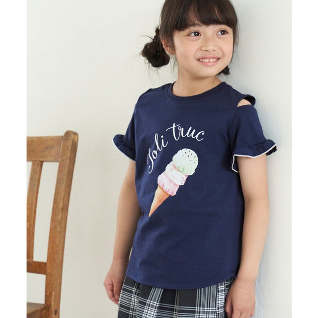 【KIDS】肩見せアイスクリーム転写プリントTシャツ （ネイビー（40））