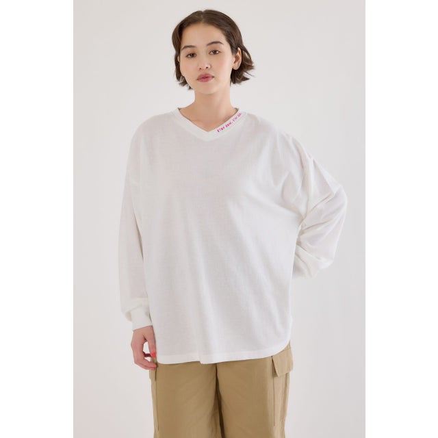 梨地VネックロングスリーブTシャツ O/WHT1
