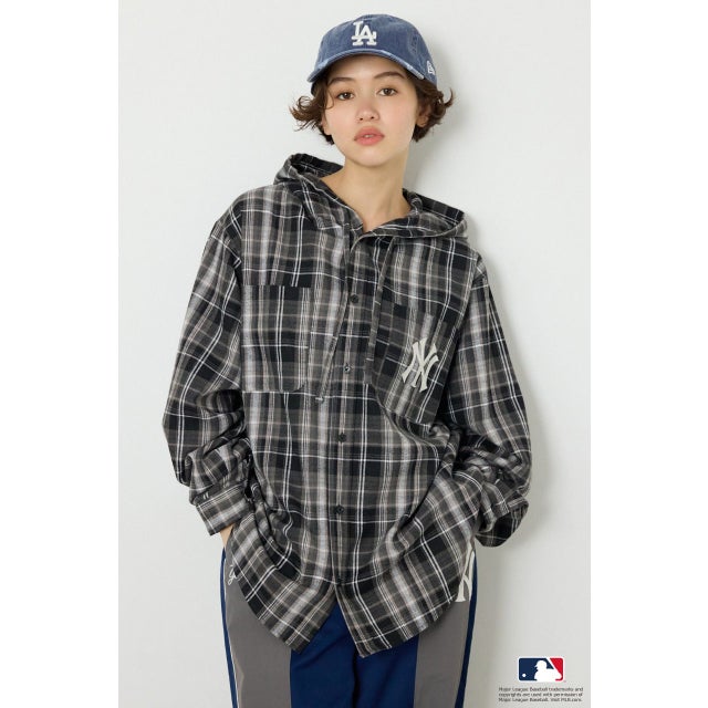 (MLB)フードチェックシャツ 柄BLK5
