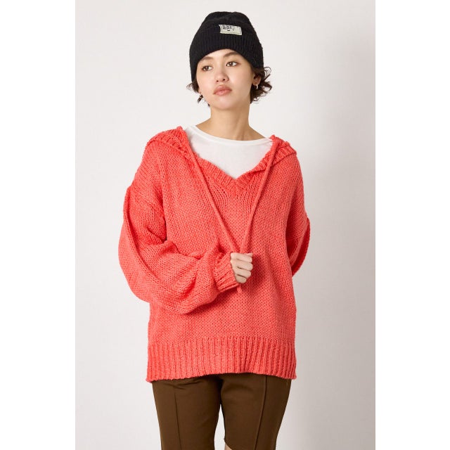 Vネックニットフーディー L/RED1
