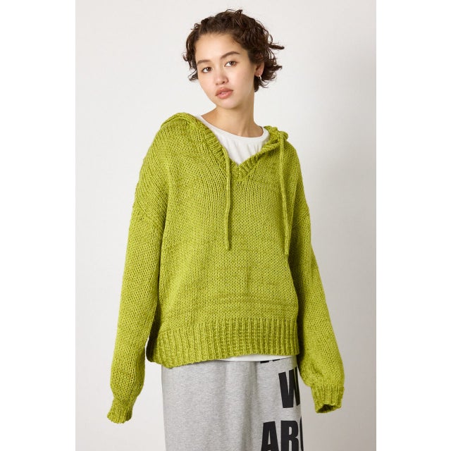 Vネックニットフーディー GRN