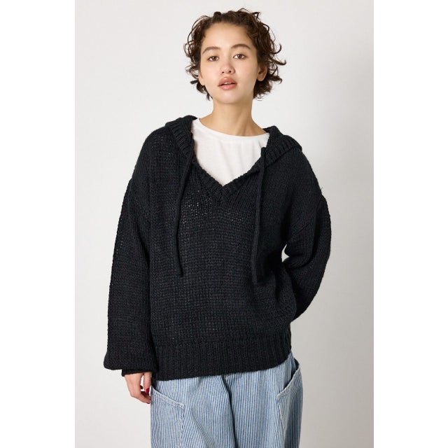 Vネックニットフーディー BLK