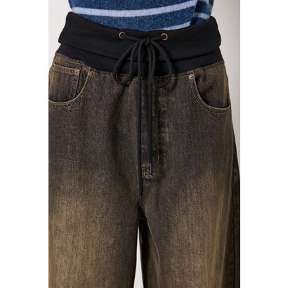 ウエストRIBウォッシュワイドDENIMパンツ BLK｜詳細画像