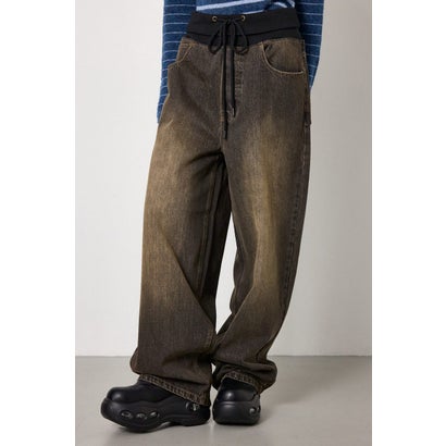 ウエストRIBウォッシュワイドDENIMパンツ BLK｜詳細画像