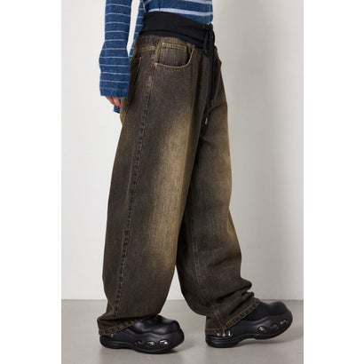 ウエストRIBウォッシュワイドDENIMパンツ BLK｜詳細画像