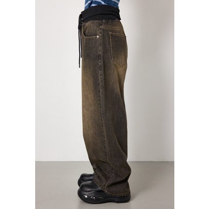 ウエストRIBウォッシュワイドDENIMパンツ BLK｜詳細画像