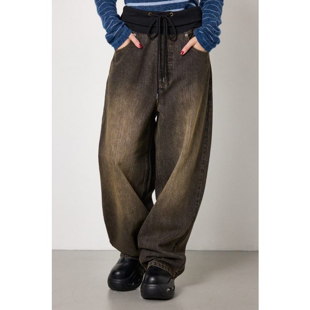 ウエストRIBウォッシュワイドDENIMパンツ BLK
