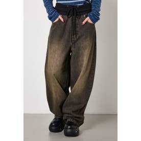 ウエストRIBウォッシュワイドDENIMパンツ BLK