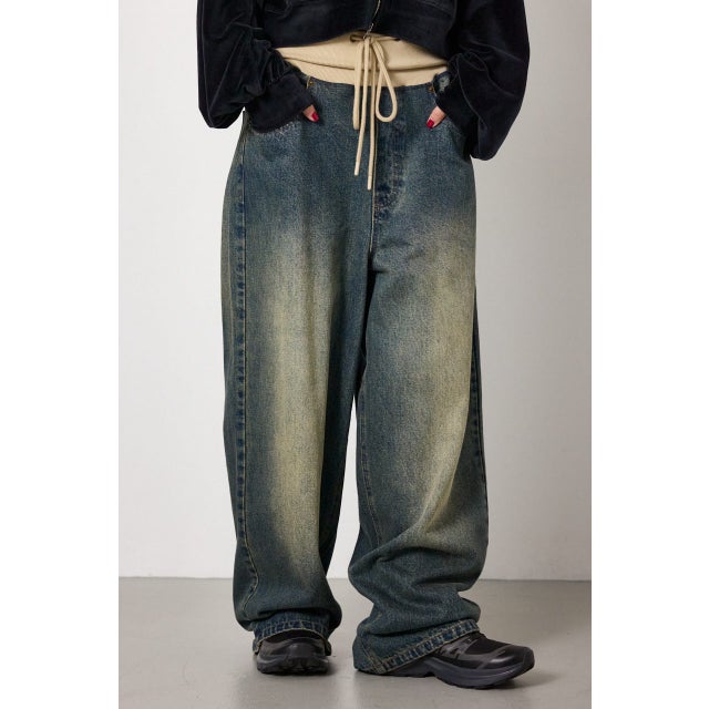 ウエストRIBウォッシュワイドDENIMパンツ BLU