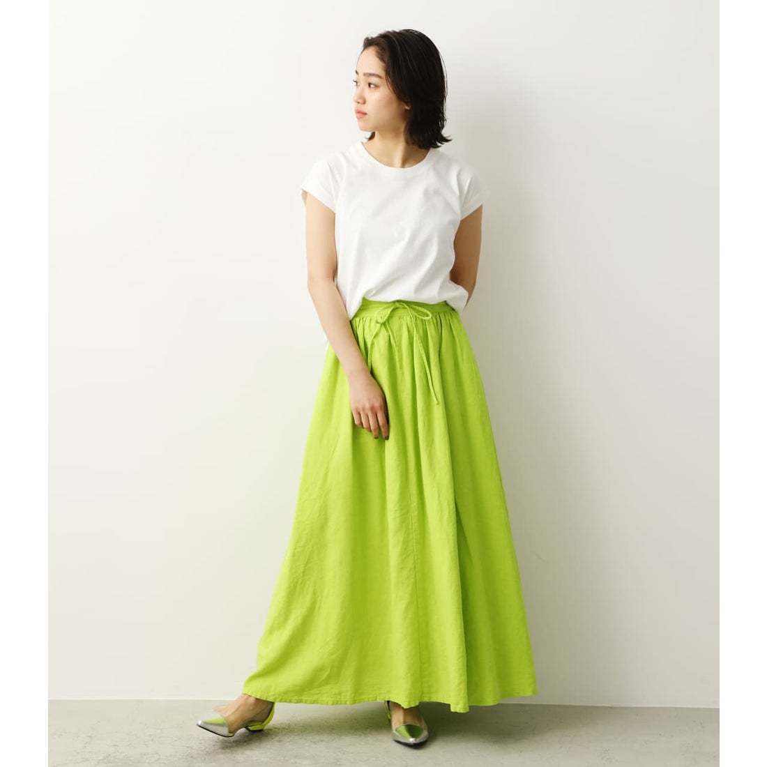 RODEO CROWNS WIDE BOWL リネンロングスカート LIME -靴＆ファッション