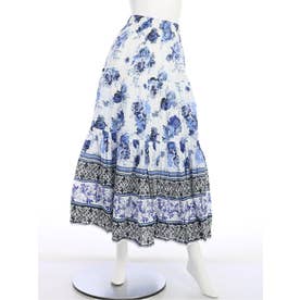 涼やかブルー花柄 ふっくらティアードスカート