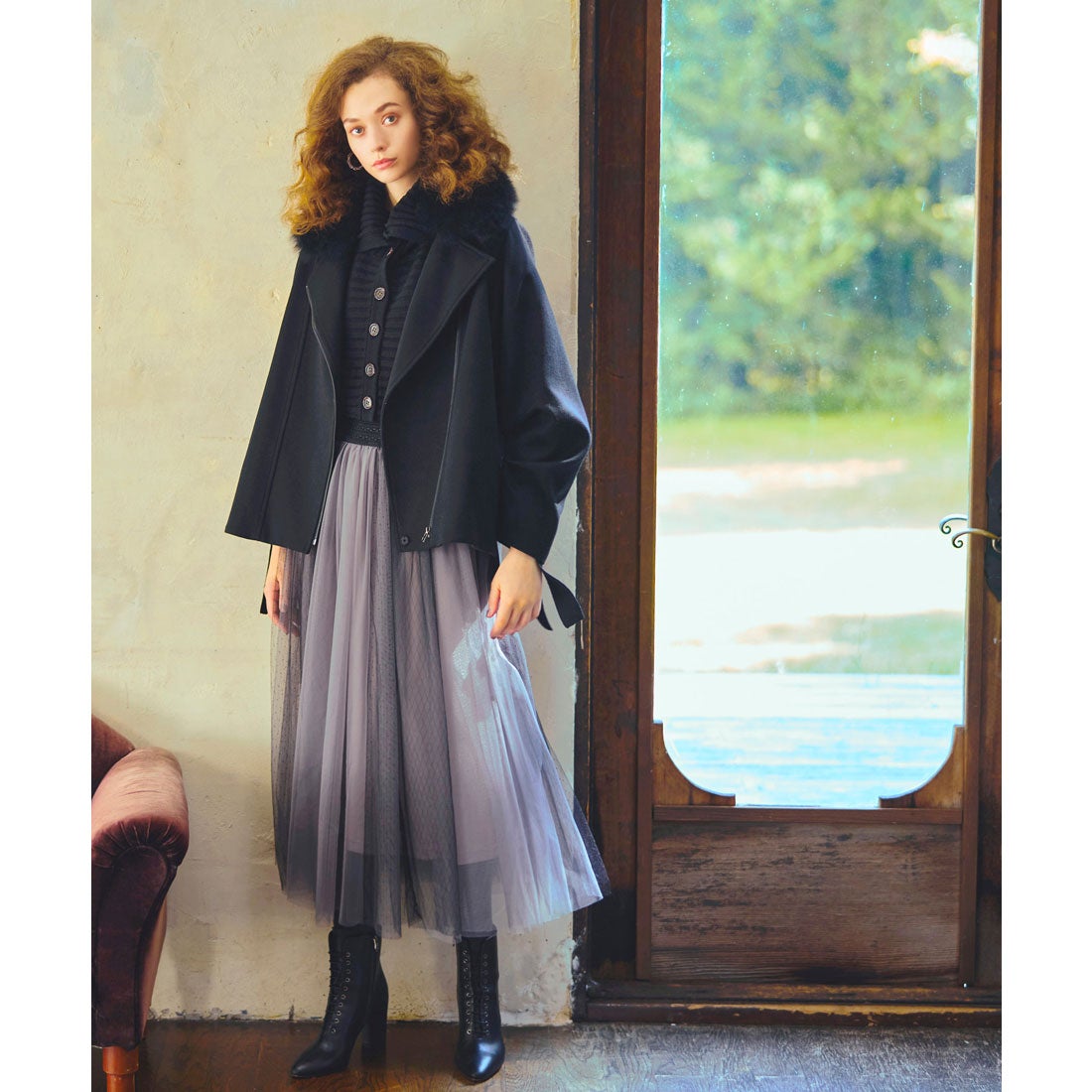 ルイルエブティック RUIRUE BOUTIQUE カシミヤファーボクシーコート 