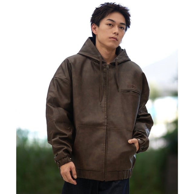 ジャケット メンズ フェイクレザー ジップアップ フーディー BG042752 （MOC）