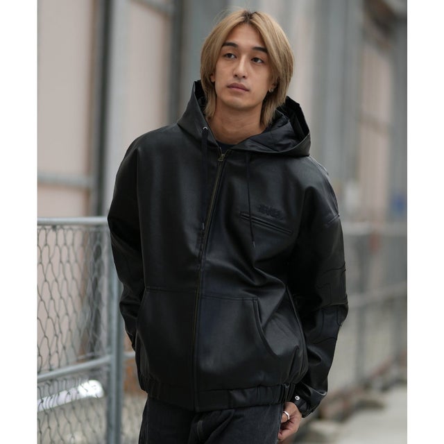 ジャケット メンズ フェイクレザー ジップアップ フーディー BG042752 （BLK）