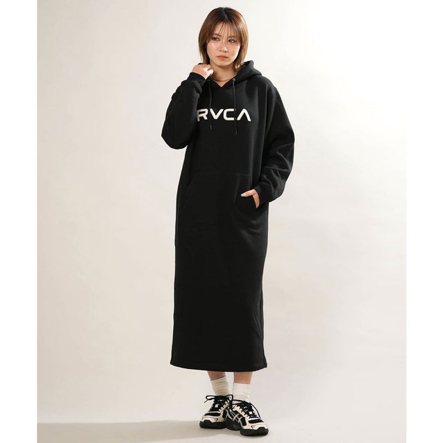 ワンピース レディース 長袖 パーカー ロング丈 ロゴ （BLK）