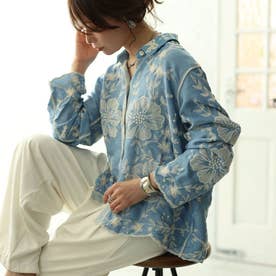 A2163 サカイ アンサンブル ニット ブラウス 変形 花柄 黒×青 サイズ1 サワアラモード Sawa a la mode 花柄刺繍スカラップブラウス （ブルー