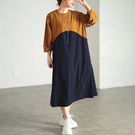 アーチ配色ドロストスリーブワンピース （マスタード）